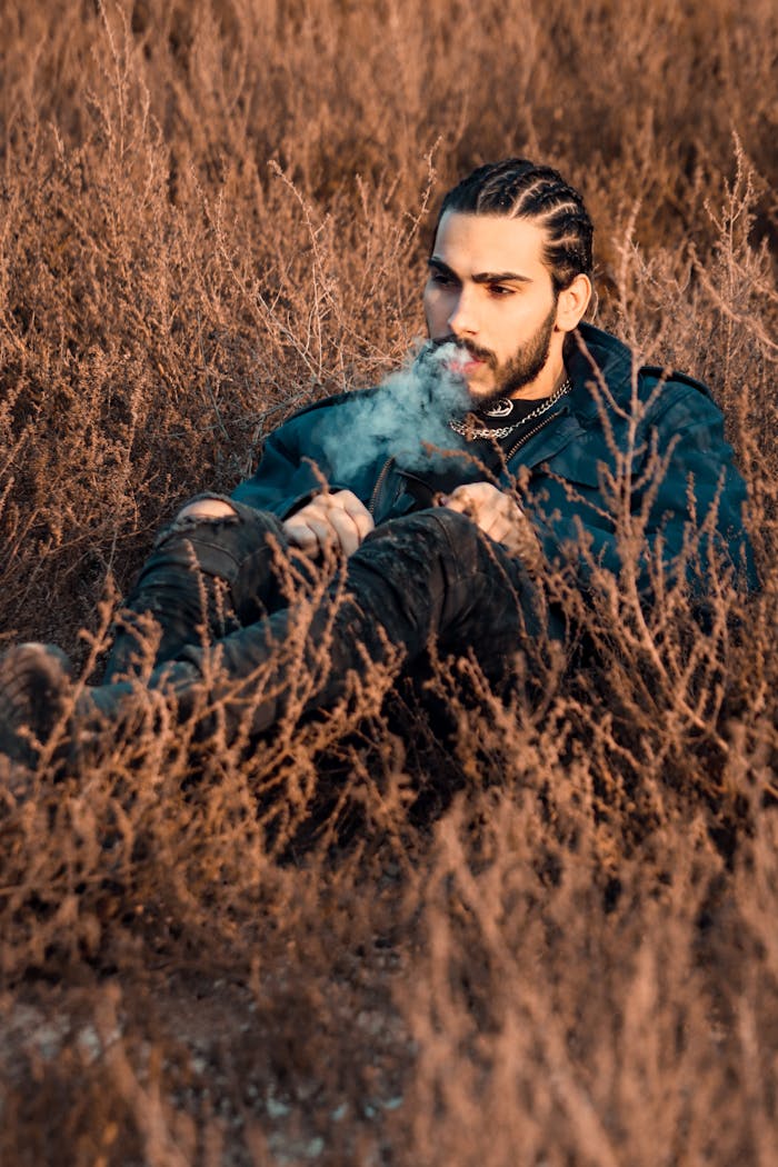 Home A man with braided hair sitting among wild plants, vaping outdoors at sunset.